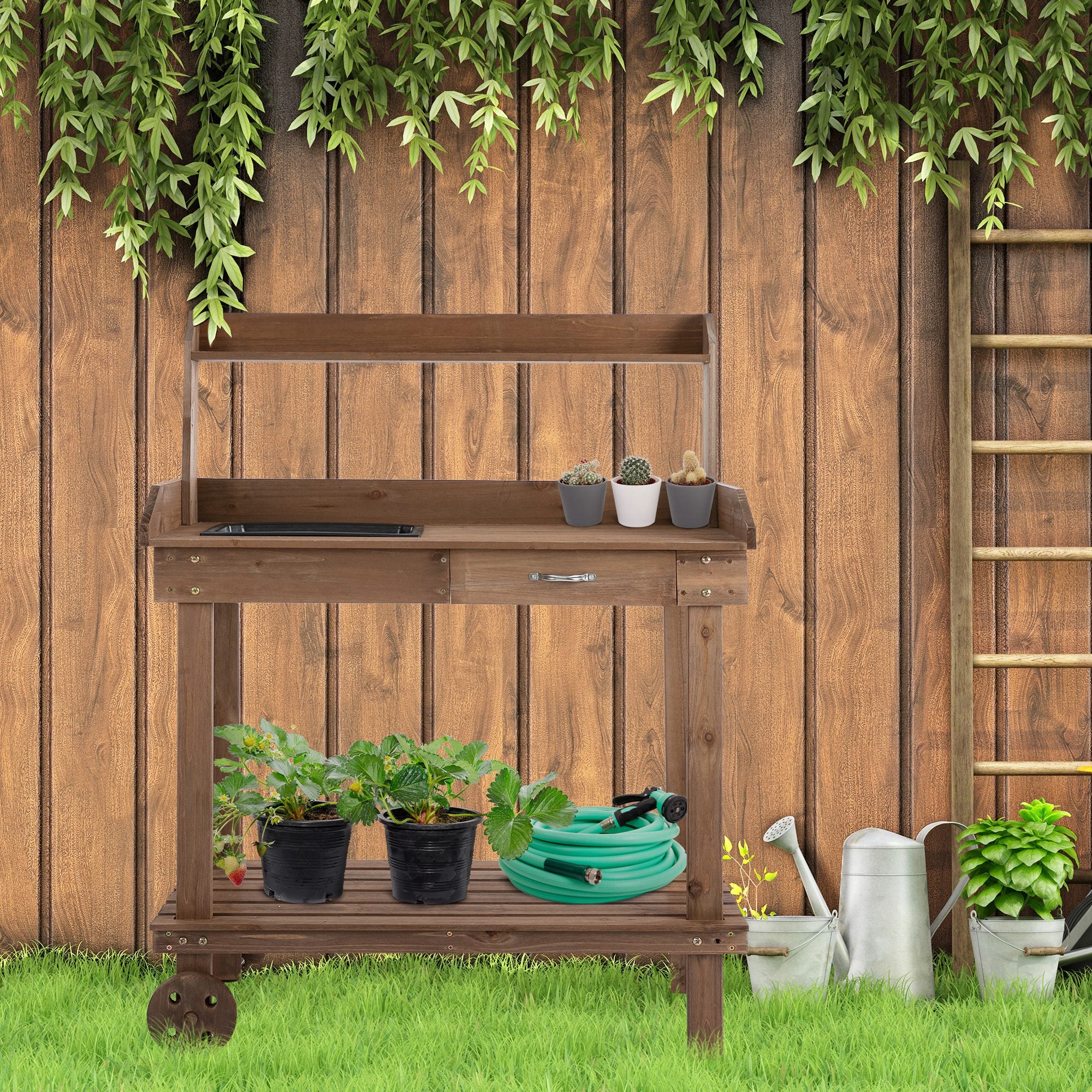36'' Wooden Potting Bench Work Table with 2 Removable Wheels, Sink, Drawer & Large Storage Spaces