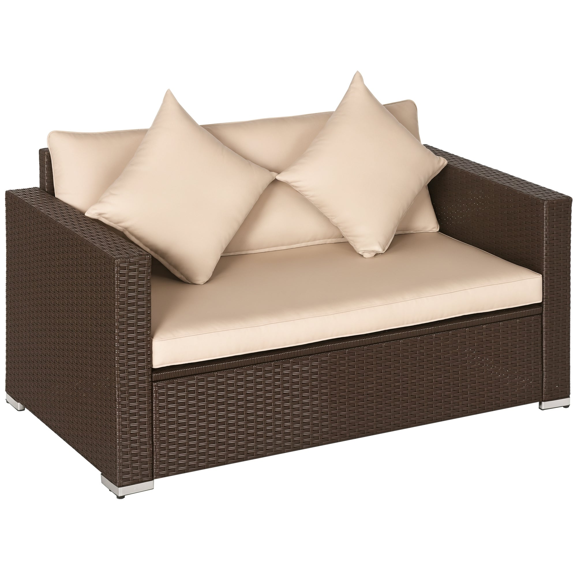 Outdoor Wicker Loveseat, Patio Furniture Couch with Cushions, 2 Seats PE Rattan Sofa, 2 Throw Pillows