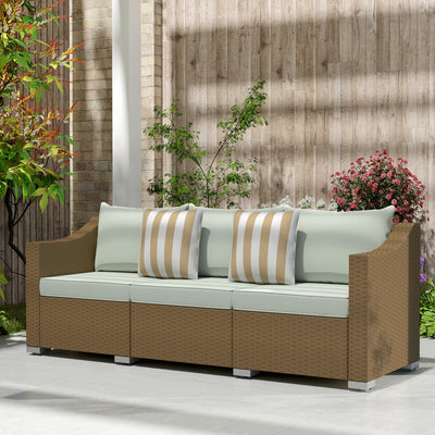 Rattan Wicker 3 Seater Patio Couch with Cushions, 2 Throw Pillows, Outdoor Furniture Rattan Sofa