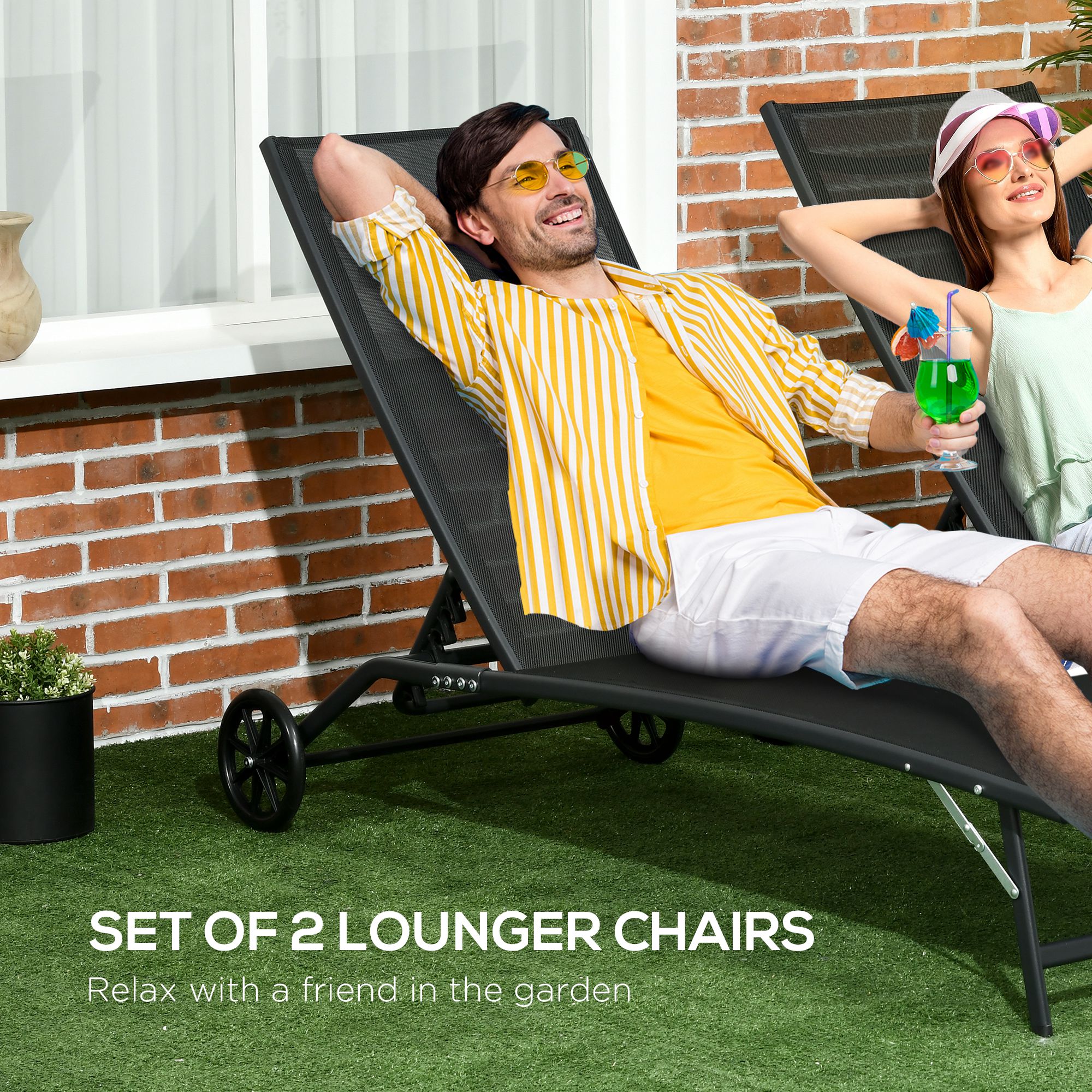 Chaise Lounge Outdoor, 2 Piece Lounge Chair with Wheels, Tanning Chair with 5 Adjustable Positions for Patio, Beach, Yard, Pool