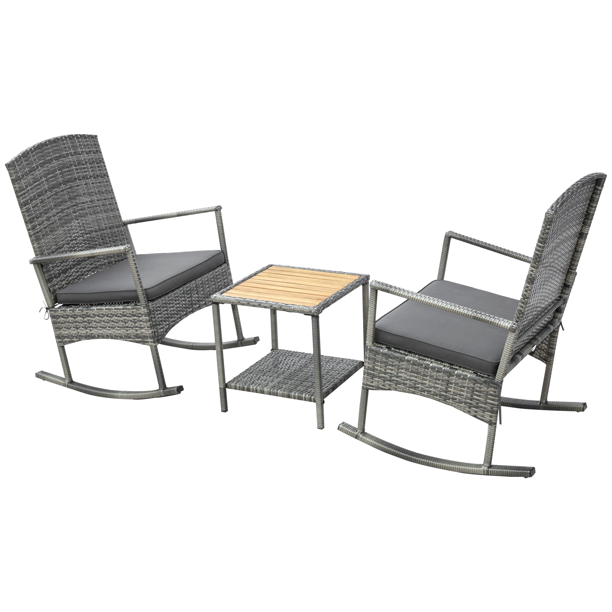 3 Piece Outdoor PE Rattan Rocking Chair Set, Patio Wicker Recliner Rocker Chair with Soft Cushion & Nature Wood Top Coffee Table, Gray