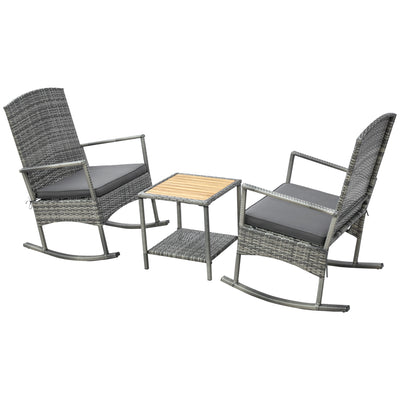 3 Piece Outdoor PE Rattan Rocking Chair Set, Patio Wicker Recliner Rocker Chair with Soft Cushion & Nature Wood Top Coffee Table, Gray
