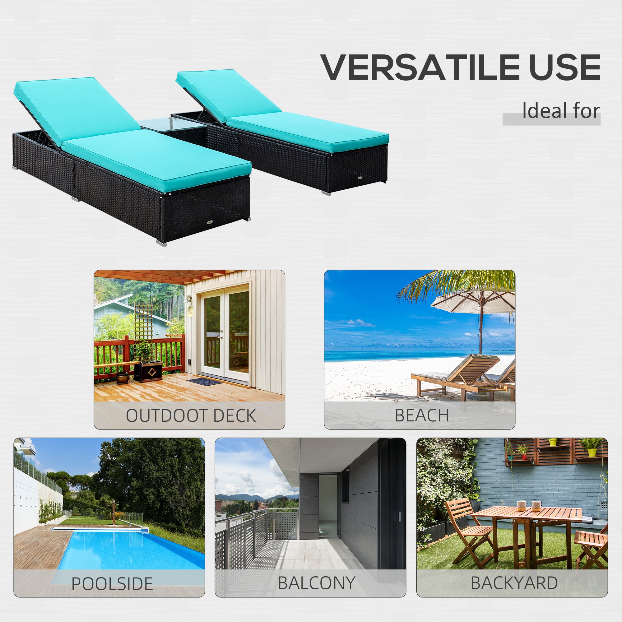 Chaise Lounge Chair Set of 2 with 5 Angle Backrest, Outdoor Coffee Table, Water Repellent Cushions, PE Rattan Wicker Poolside Chairs, 3-Piece Pool Furniture Set, Dark Brown/Turquoise
