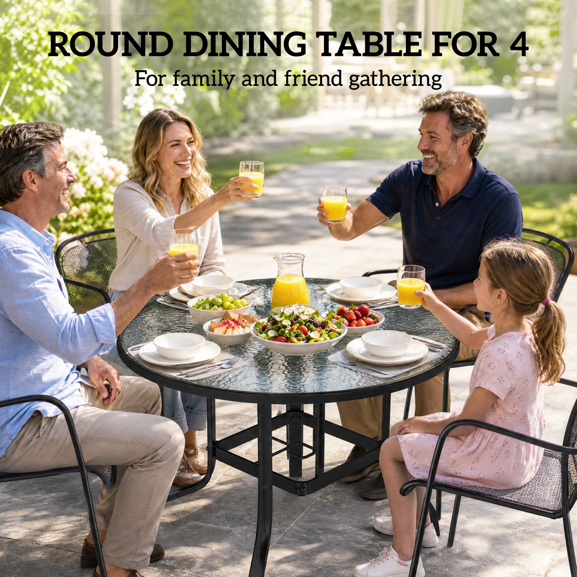 38" Round Patio Table with Umbrella Hole, Tempered Glass Outdoor Dining Table, Black