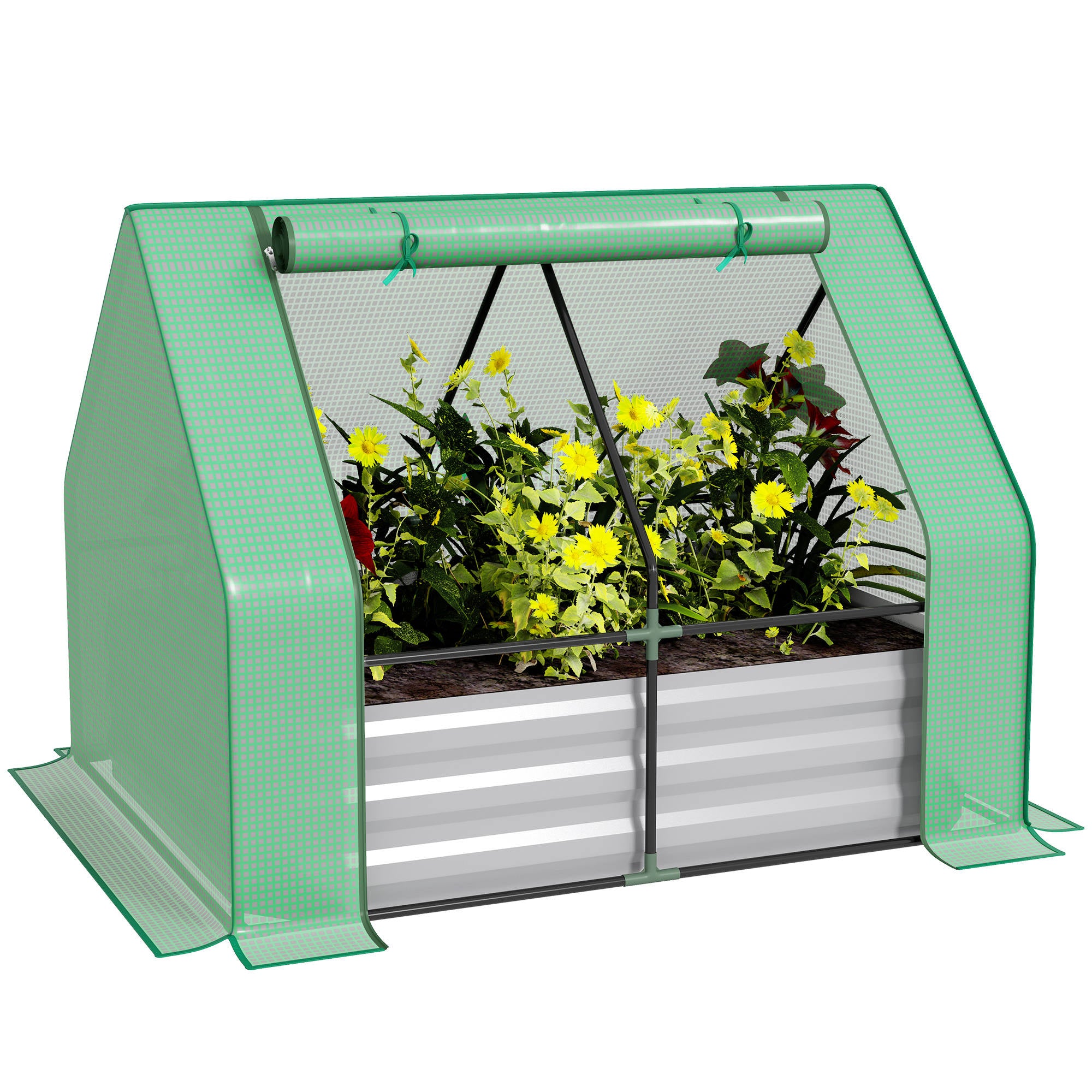 Raised Garden Bed with Cover, Outdoor Galvanized Metal Planter Box Kit, 4 x 3 ft Mini Greenhouse with 2 Large Screen Windows, for Growing Flowers, Vegetables and Herbs