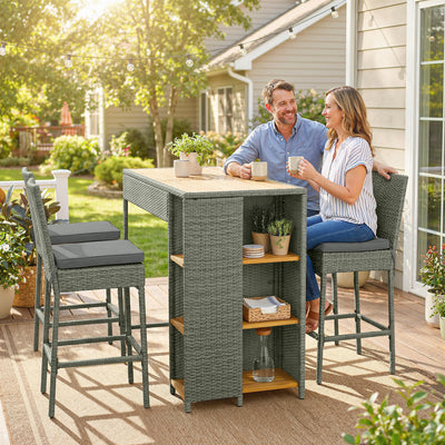 5 Piece Wicker Outdoor Bar Set, Acacia Wood Outdoor High Top Table and Chairs with 3 Tier Shelves, Cushions