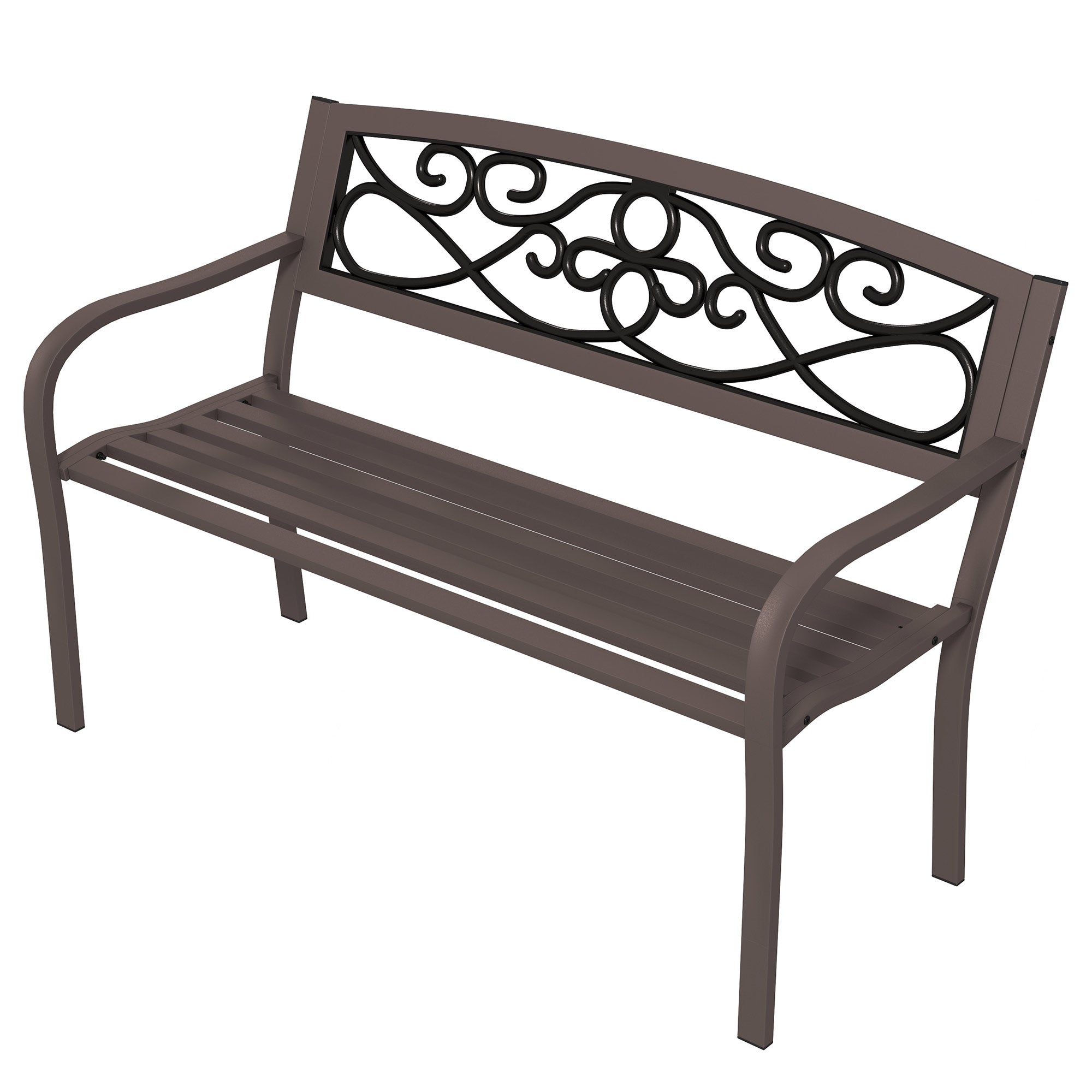 50" Outdoor Bench, Metal Garden Bench with Floral Pattern Backrest, Porch Bench with Slatted Seat for Park, Yard, Lawn, Brown