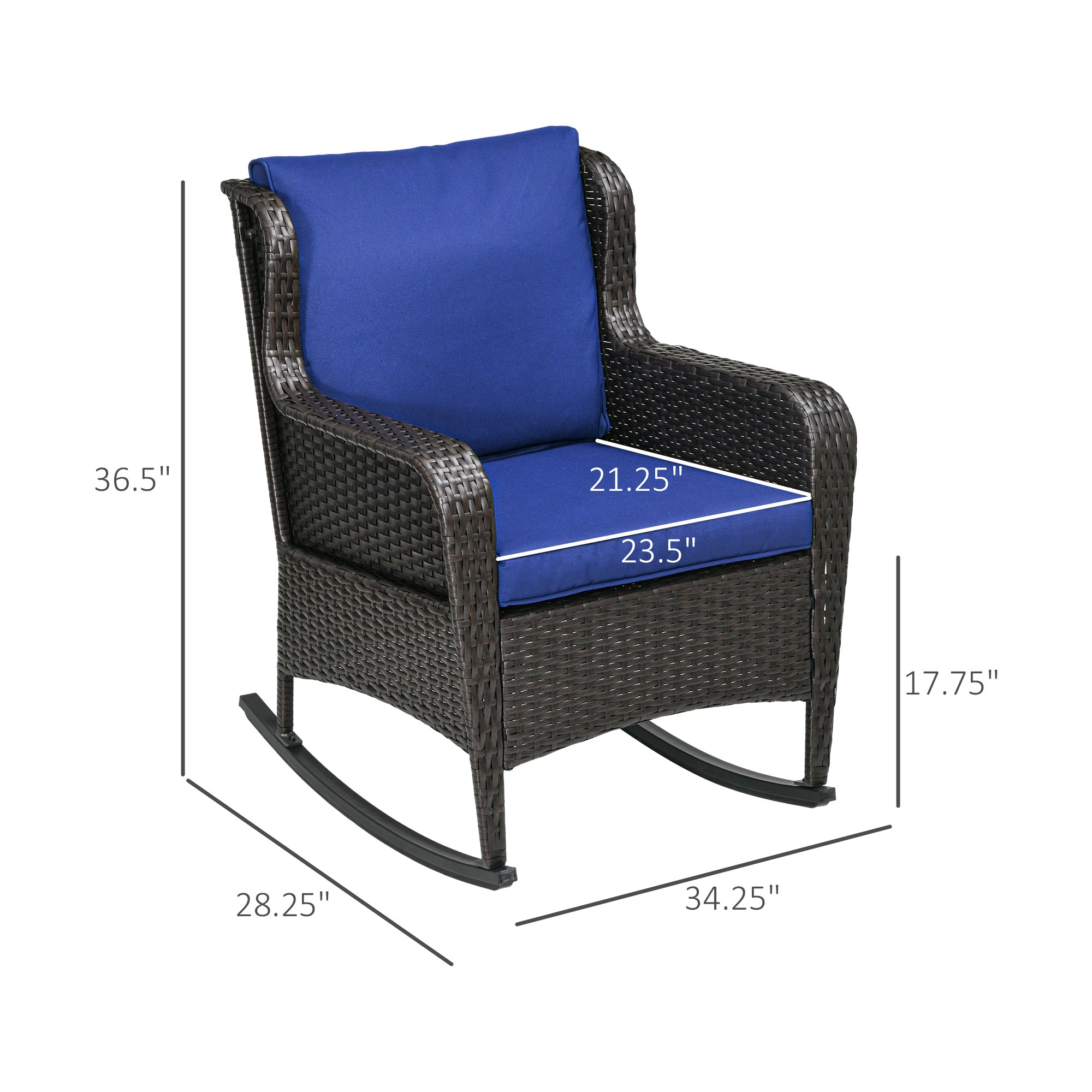 Outdoor Wicker Rocking Chair, Rattan Rocker with Cushions, Steel Frame for Patio, Garden, Backyard, Dark Blue
