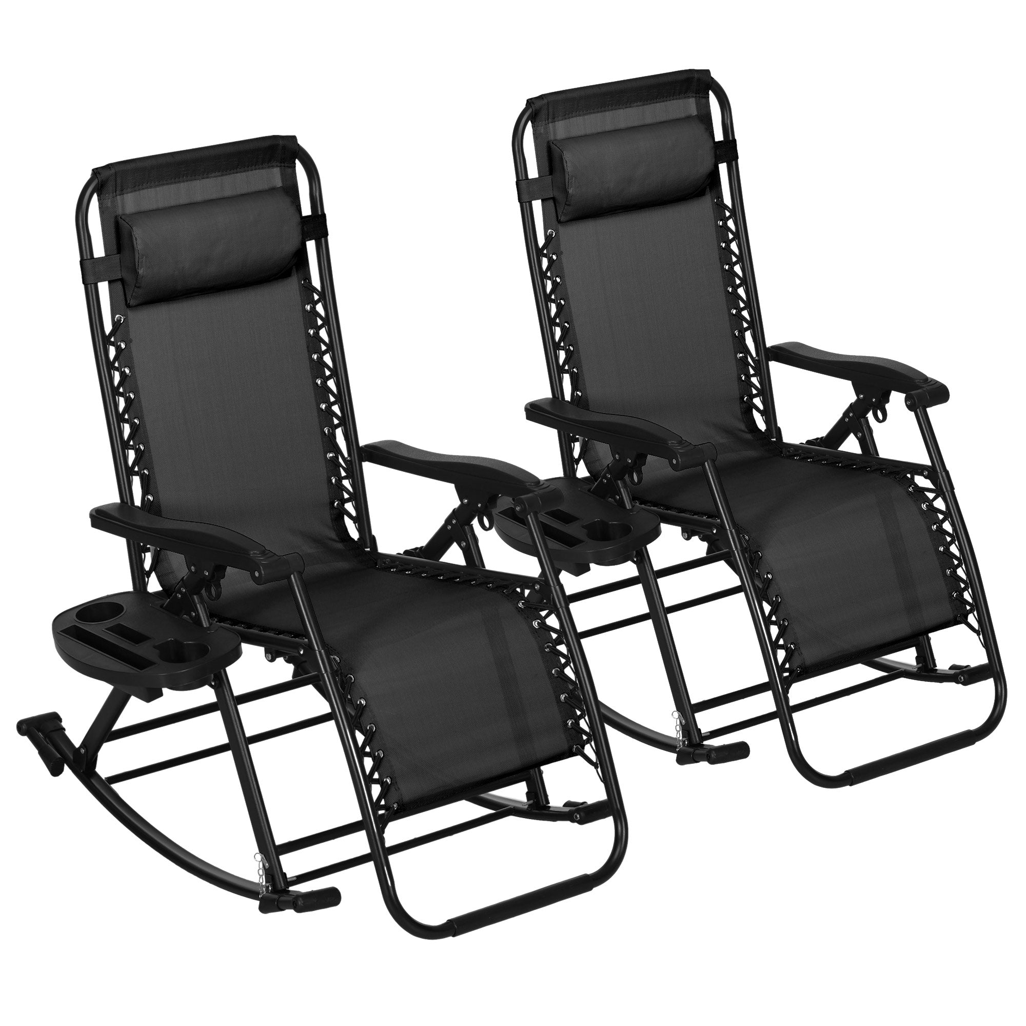 2 Outdoor Rocking Chairs Foldable Reclining Zero Gravity Lounge Rockers w/ Pillow Cup & Phone Holder