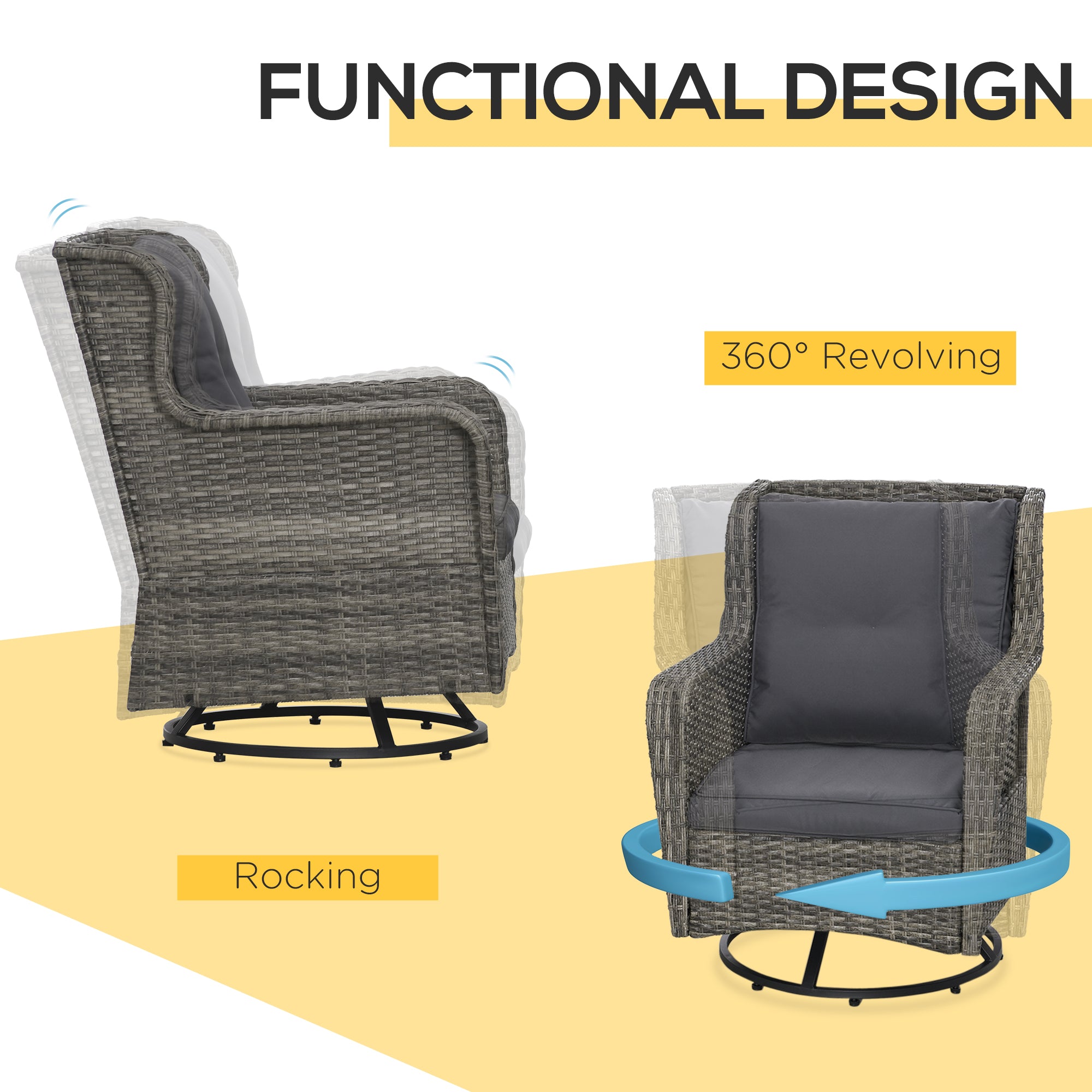 Patio Bistro Set, Porch Furniture with 360° Rotation & Rocking Function, 28.25"x30.75"x36.25"