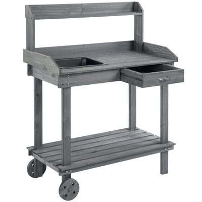 36'' Wooden Potting Bench Work Table with 2 Removable Wheels, Sink, Drawer & Large Storage Spaces
