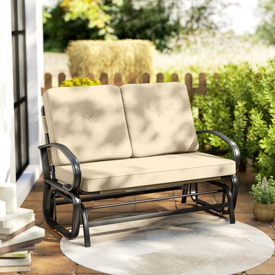 Outdoor Glider Bench, 2-Person Patio Rocker Loveseat with Tufted Cushions, Steel Frame for Porch, Garden Backyard, Beige