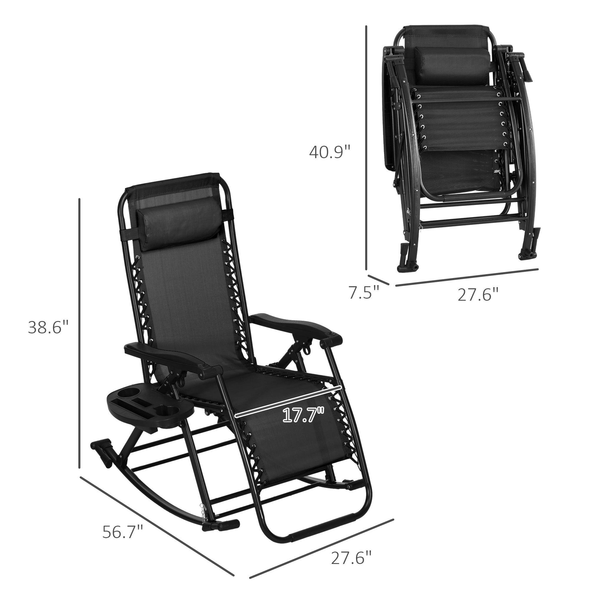 2 Outdoor Rocking Chairs Foldable Reclining Zero Gravity Lounge Rockers w/ Pillow Cup & Phone Holder