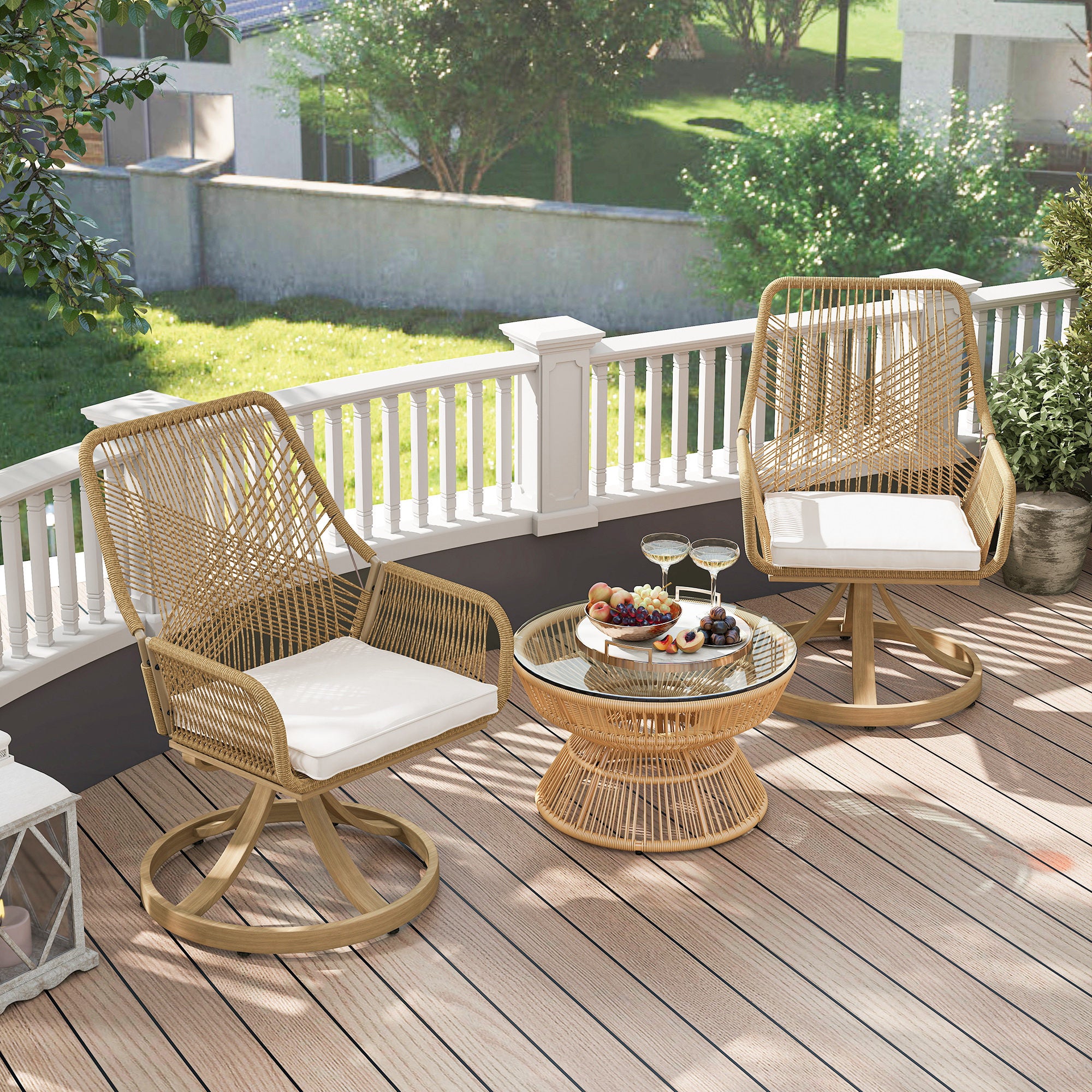 Patio Swivel Chairs Set of 2, Rattan Patio Dining Chairs with Soft Cushions for Backyard, Lawn, Porch, or Garden, Khaki