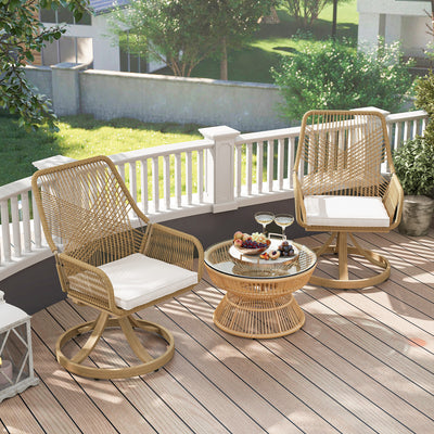 Patio Swivel Chairs Set of 2, Rattan Patio Dining Chairs with Soft Cushions for Backyard, Lawn, Porch, or Garden, Khaki