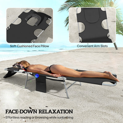 2 Tanning Chairs with Face Hole, 5-Level Adjustable Outdoor Chaise Lounge Chair with Pillow for Beach, Pool