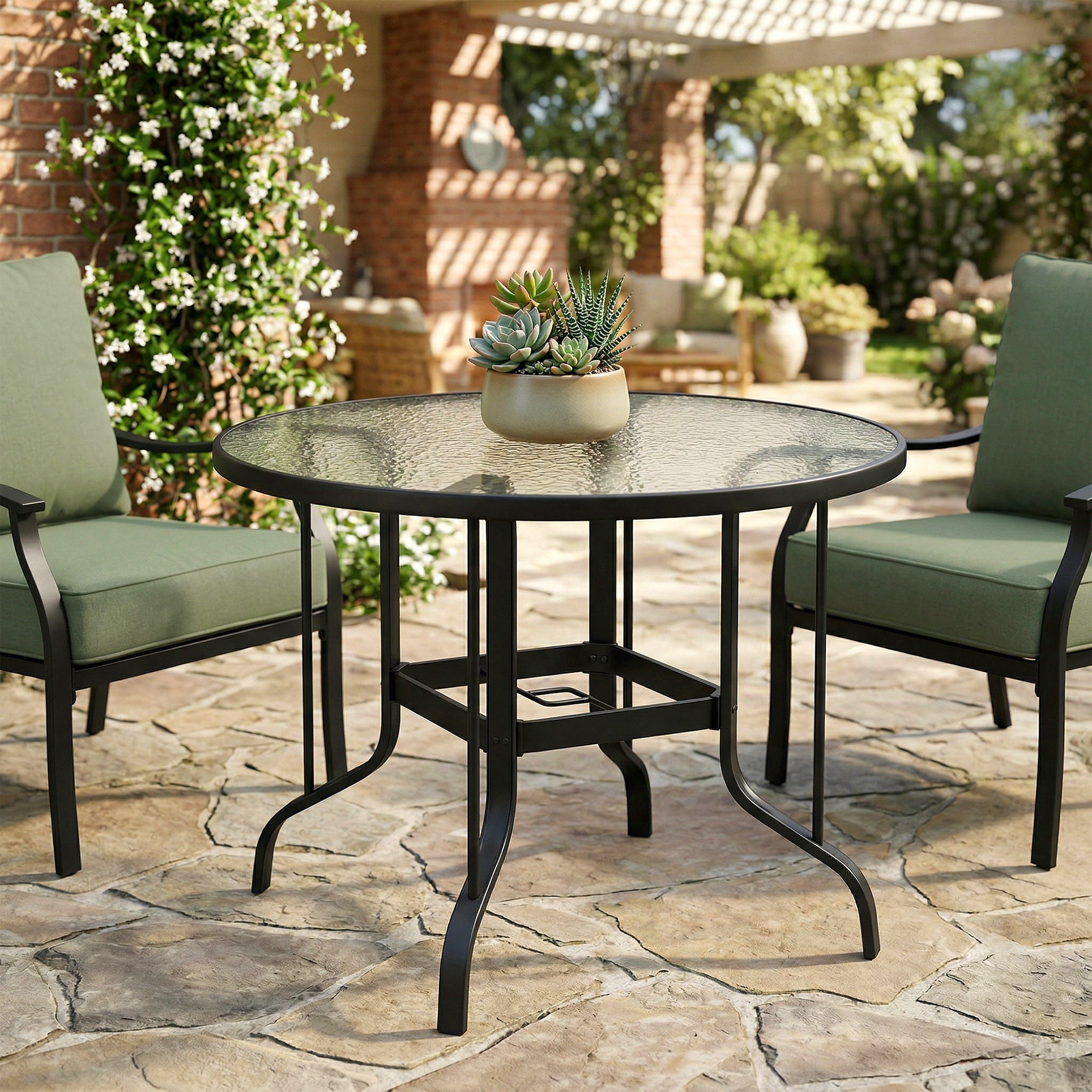 38" Round Patio Table with Umbrella Hole, Tempered Glass Outdoor Dining Table, Black