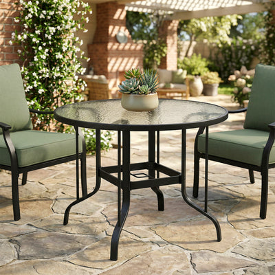 38" Round Patio Table with Umbrella Hole, Tempered Glass Outdoor Dining Table, Black