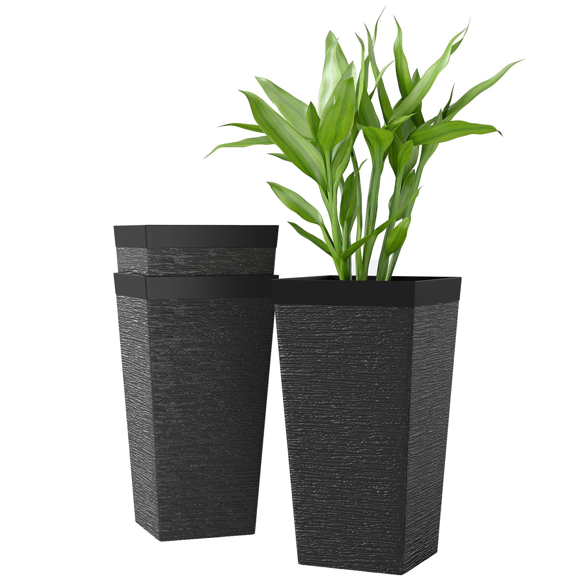22.8 Inch Set of 3 Outdoor Planters with Stone Finish and Wheels, Stackable Tapered Planters with Drainage Hole