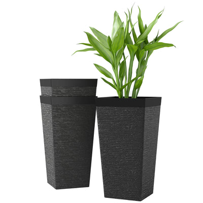 22.8 Inch Set of 3 Outdoor Planters with Stone Finish and Wheels, Stackable Tapered Planters with Drainage Hole