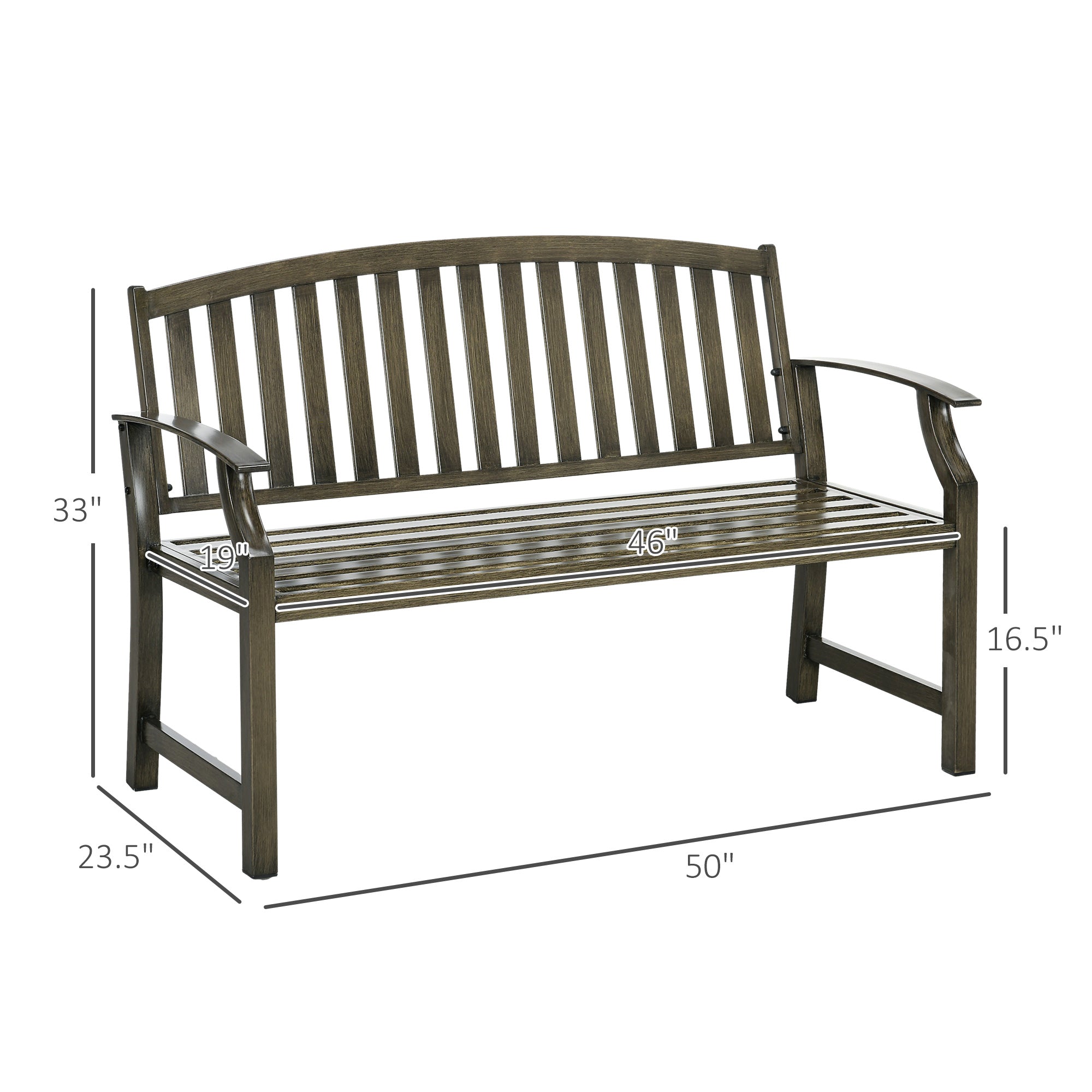 46" Outdoor Garden Bench, Metal Bench, Wood Look Slatted Frame Furniture for Patio, Park, Porch, Lawn, Yard, Deck, Black