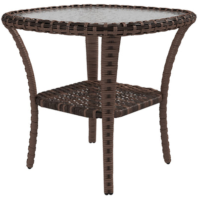 Outdoor Coffee Table with Storage Shelf, Hand-Woven Wicker Side Table with Water-Ripple Glass Top