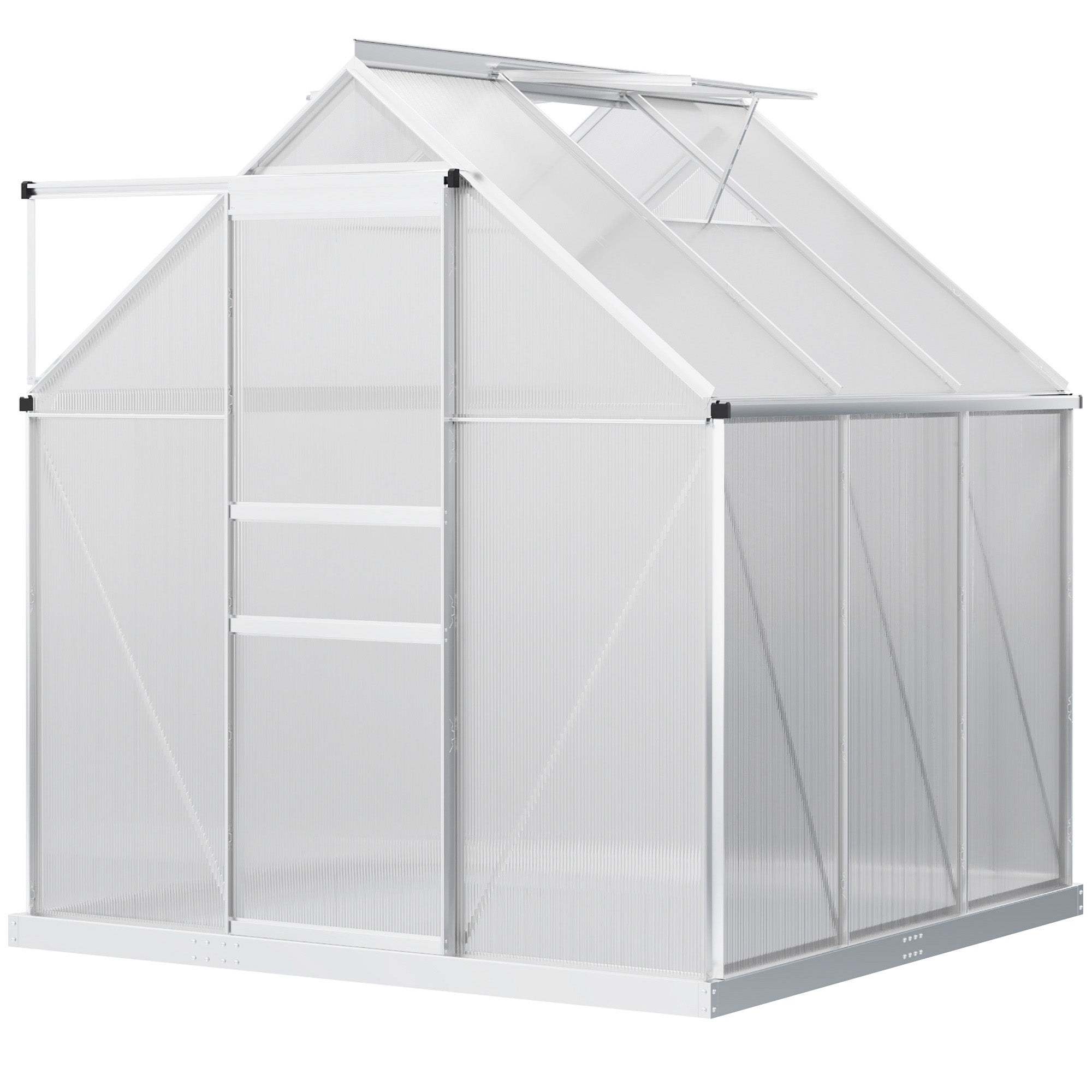 6' x 6' x 6.5' Polycarbonate Greenhouse with Aluminum Frame, Walk-in Heavy Duty Green House with Adjustable Roof Vent, Rain Gutter and Sliding Door for Winter, Silver