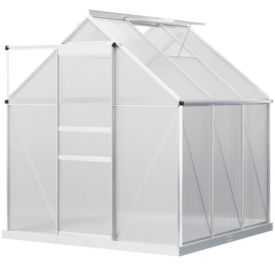 6' x 6' x 6.5' Polycarbonate Greenhouse with Aluminum Frame, Walk-in Heavy Duty Green House with Adjustable Roof Vent, Rain Gutter and Sliding Door for Winter, Silver