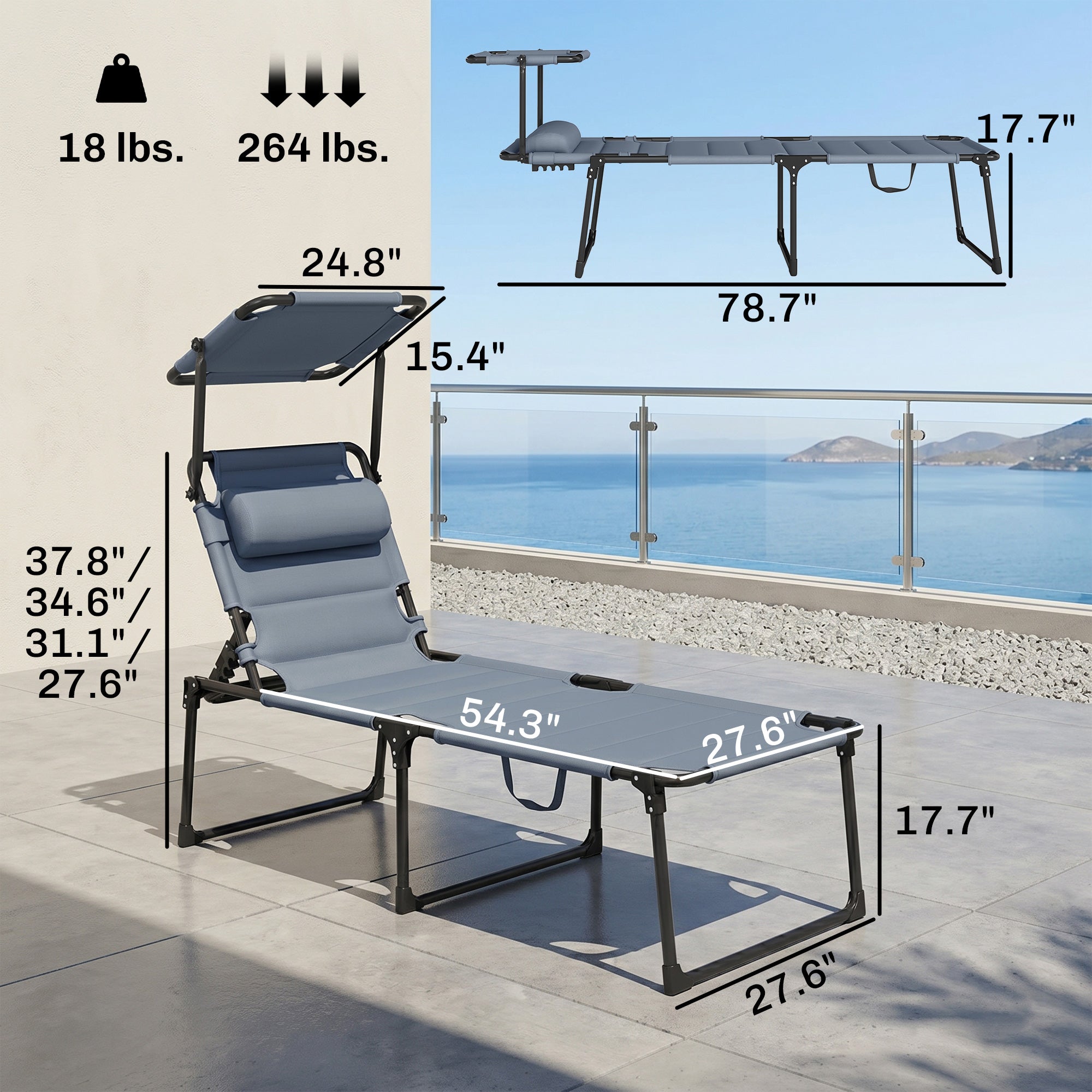Outdoor Lounge Chair, 4 Position Adjustable Backrest, Folding, Cushioned w/ Sun Shade Roof & Pillow