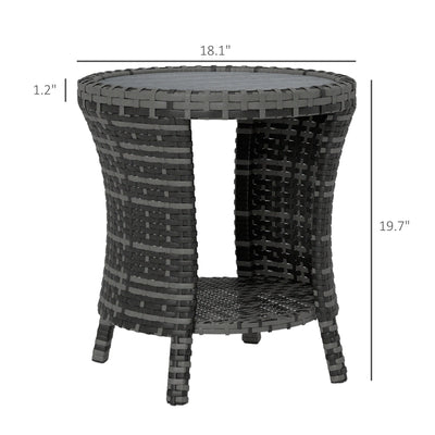 18" Wicker Outdoor Coffee Table, PE Rattan Patio Side Table with 2-Tier Storage, Composite Wood Top