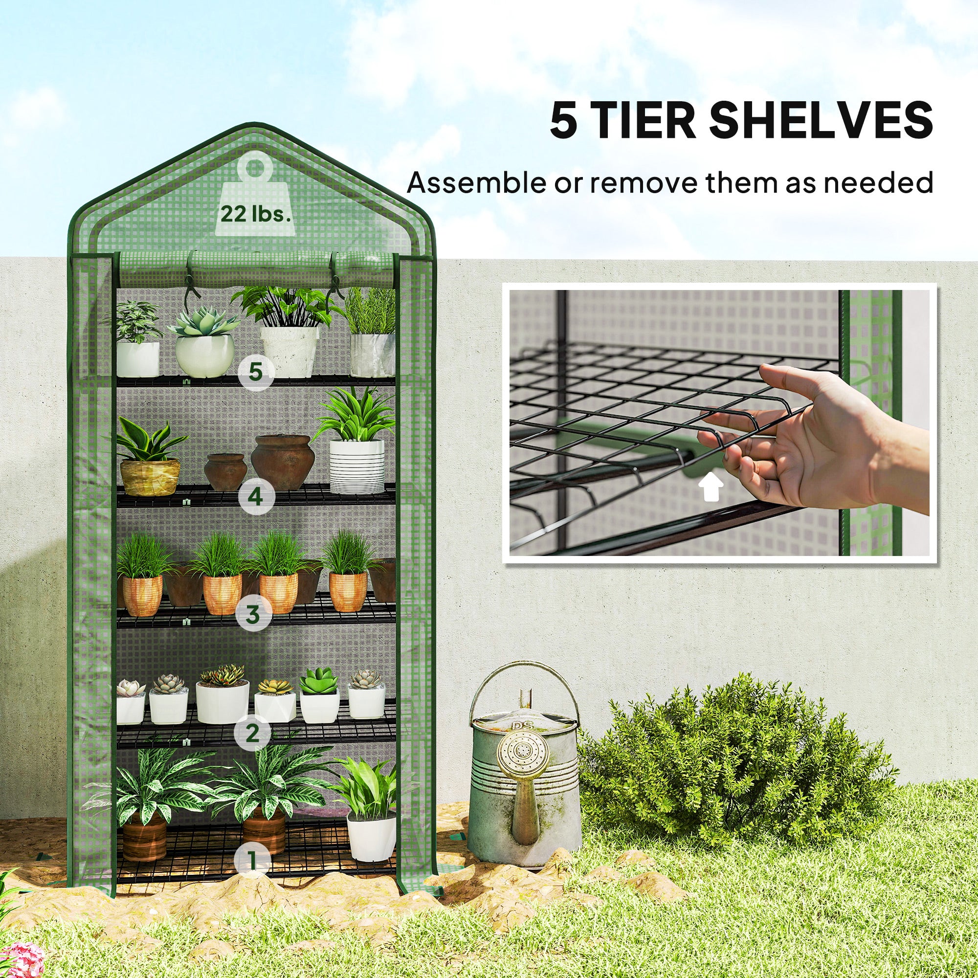 5 Tier Mini Greenhouse, Small Portable Greenhouse with PE Cover, Roll-Up Zippered Door, 76" x 35.4" x 19.3", Green