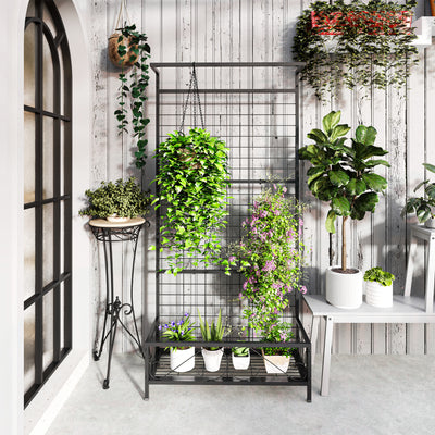 Metal Tall Plant Stand with Trellis and Hanging Bar, Plant Holder for Indoor Outdoor Use, 35" x 12.8" x 74"