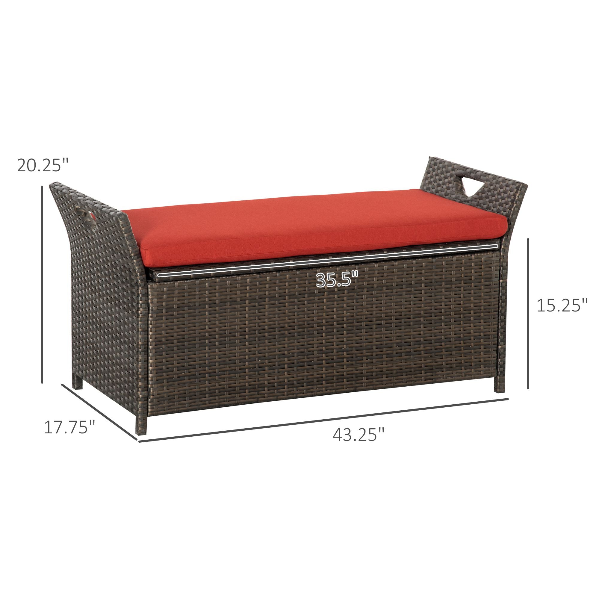 29 Gallon Patio Wicker Storage Bench, Outdoor PE Rattan Patio Furniture, 2-In-1 Large Capacity Rectangle Garden Storage Box with Handles and Cushion, Red