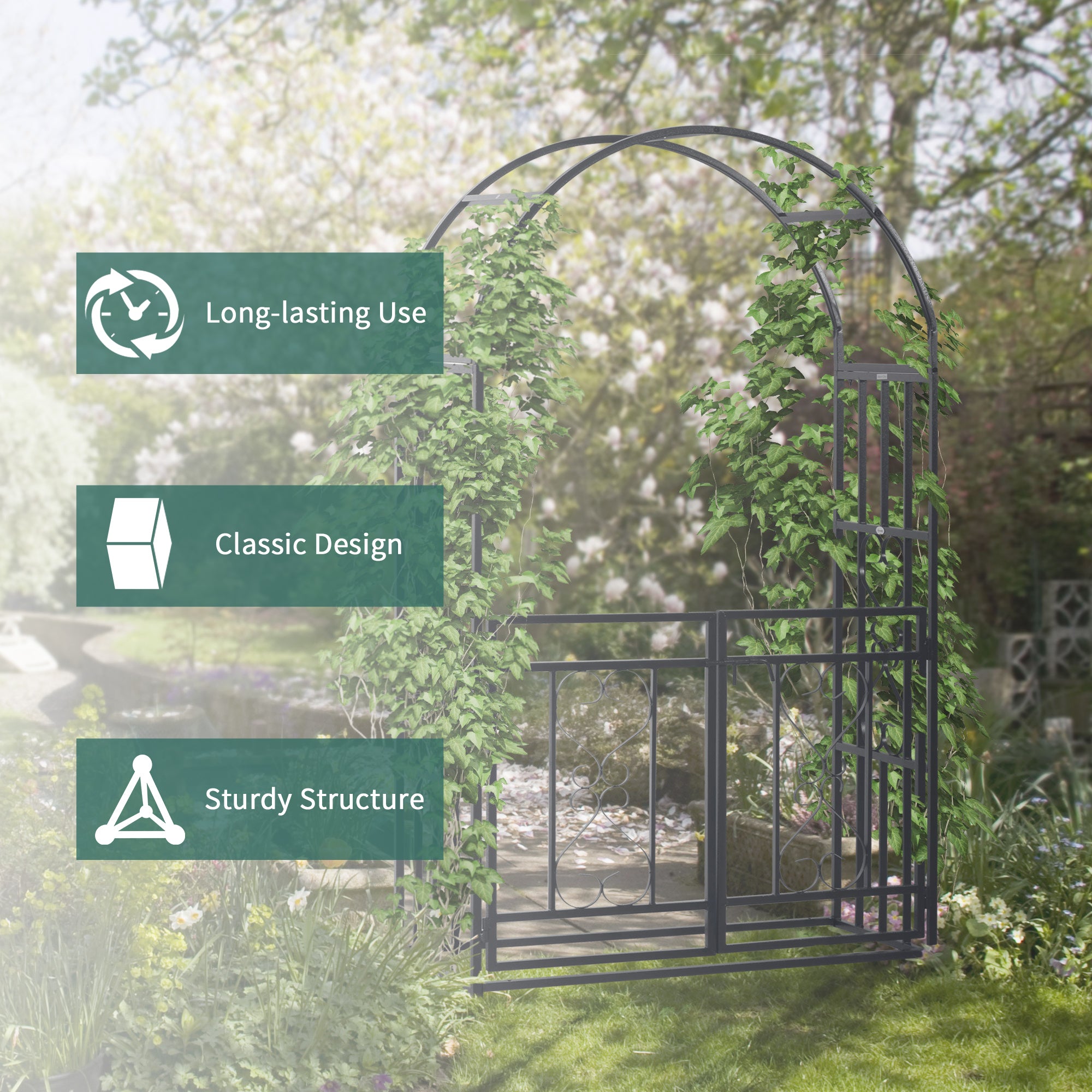 81" Metal Garden Arbor with Double Doors, Locking Gate, Climbing Vine Frame with Heart Motifs, Arch for Wedding, Bridal Party Decoration, Grey