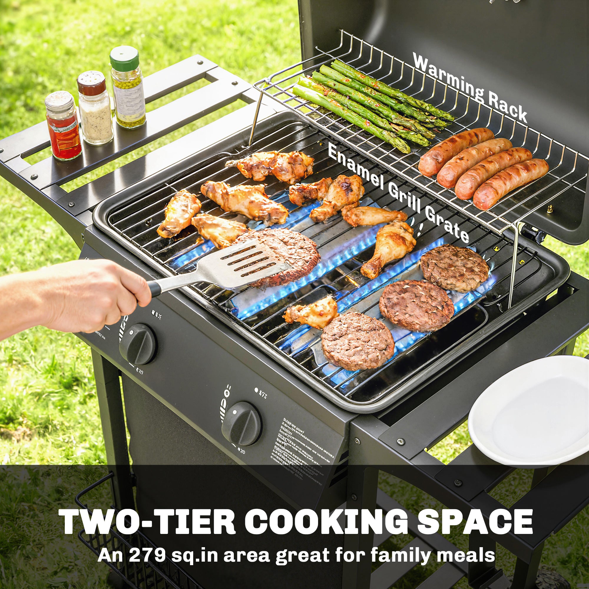 2 Burner Propane Gas Grill, 18000 BTU BBQ Grill with Wheels, Warming Rack, Shelf, Thermometer, Grease Cup, Black