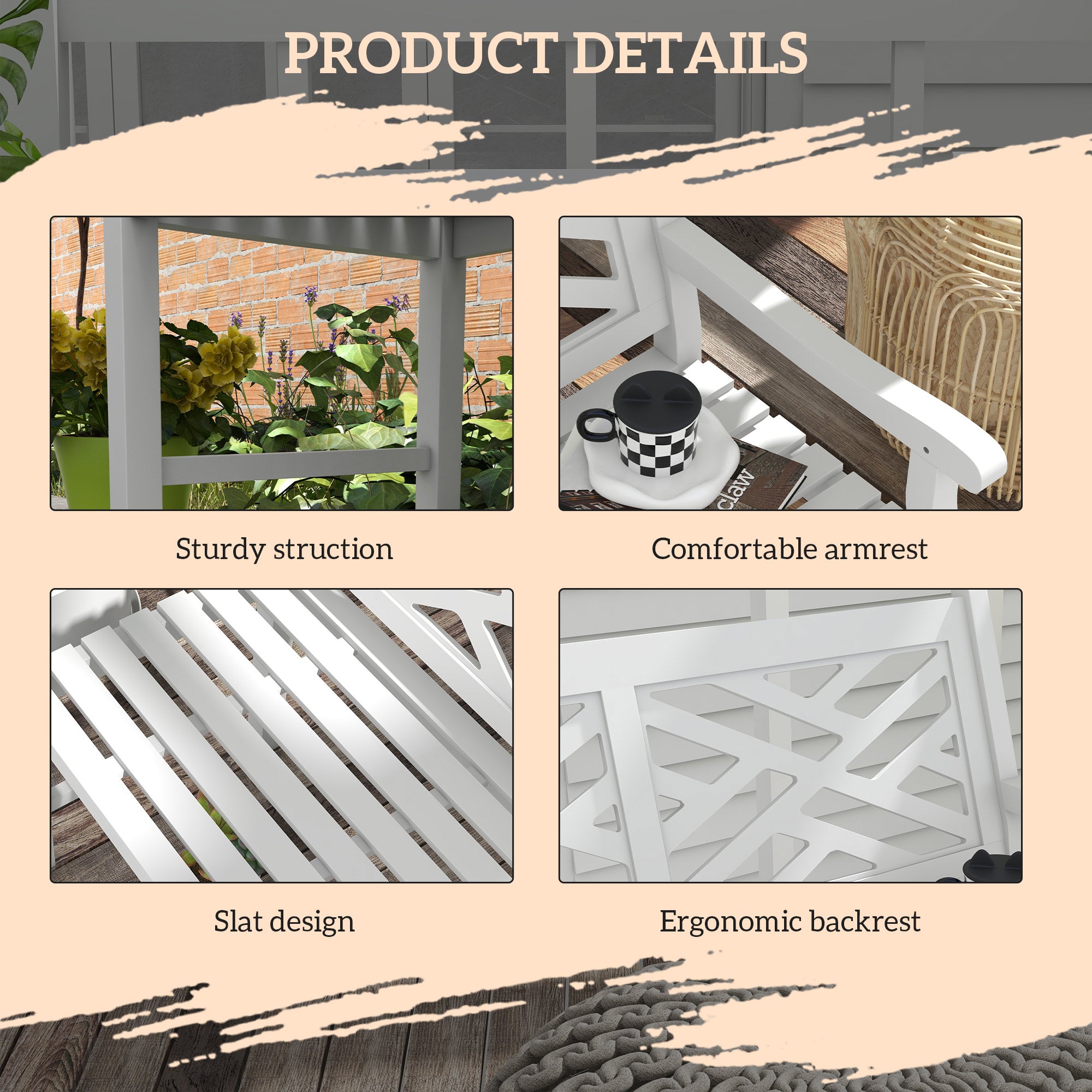 Outdoor Garden Bench, Wooden Frame Patio Bench with Geometric Pattern, 43.25 Inch Weatherproof 2-Person Love Seat for Garden, Lawn, Porch, Yard, Work Entryway