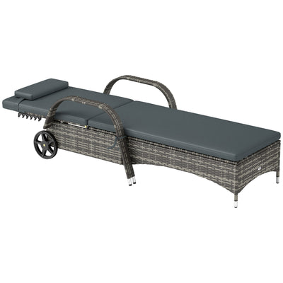 Outdoor Chaise Lounge, 5-Level Adjustable Backrest Rattan Pool Lounge Chair with Wheels, Cushion & Headrest