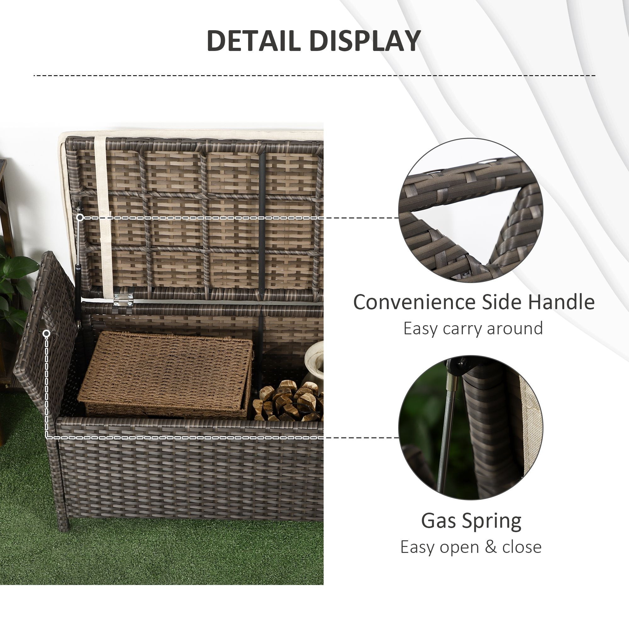 29 Gallon Patio Wicker Storage Bench, Outdoor PE Rattan Furniture, 2-In-1 Large Capacity Rectangle Garden Storage Box with Handles and Cushion