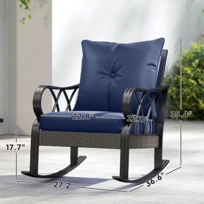 2 Piece Outdoor Wicker Rocking Chairs Rattan Porch Rockers with Cushions, Aluminum Frame for Garden, Patio, Blue