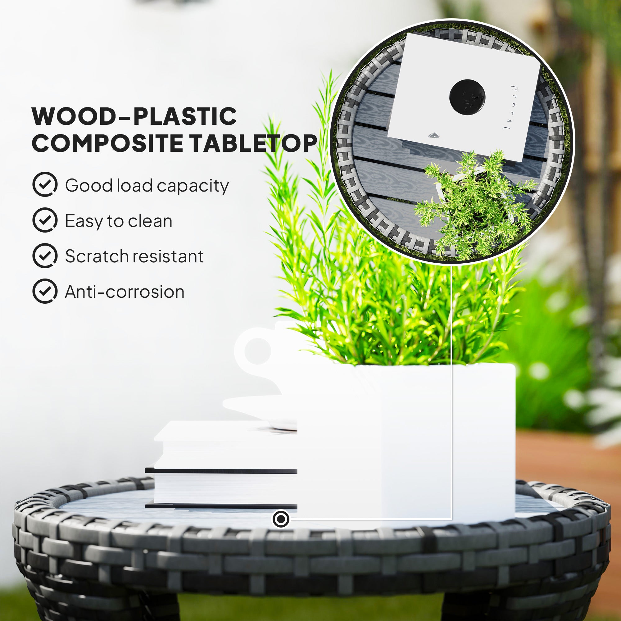18" Wicker Outdoor Coffee Table, PE Rattan Patio Side Table with 2-Tier Storage, Composite Wood Top