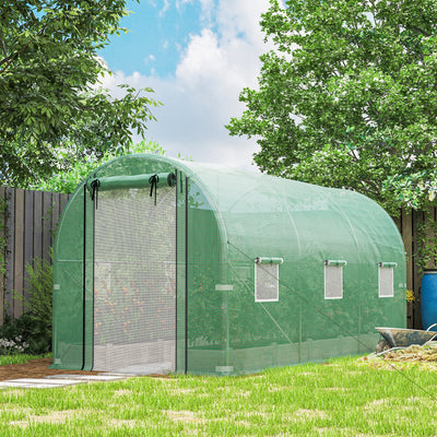 Hoop House Greenhouse, Walk-in Tunnel Greenhouse with 2 Support Rods, Zippered Roll-up Mesh Door, 14.6'x6.5'x6.6'