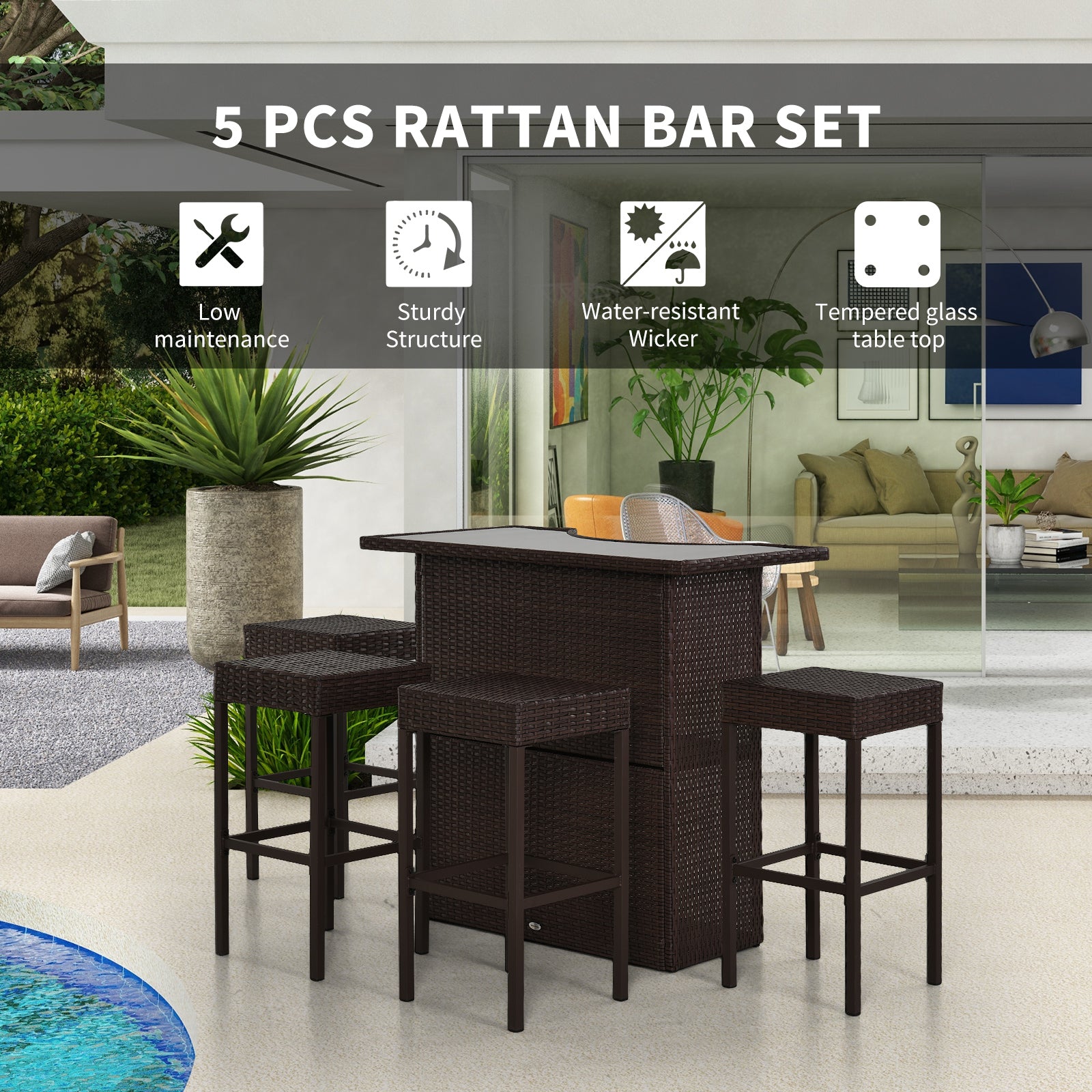 5 Piece Wicker Outdoor Bar Set, High Top Outdoor Table and Chairs, Height Patio Set with Glass Table Top 2 Tier Storage Shelf and 4 Bar Stools for Garden, Poolside, Dark Brown