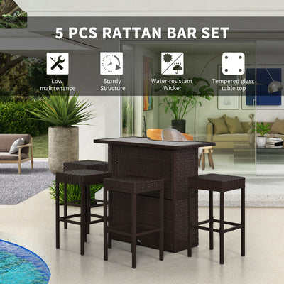 5 Piece Wicker Outdoor Bar Set, High Top Outdoor Table and Chairs, Height Patio Set with Glass Table Top 2 Tier Storage Shelf and 4 Bar Stools for Garden, Poolside, Dark Brown