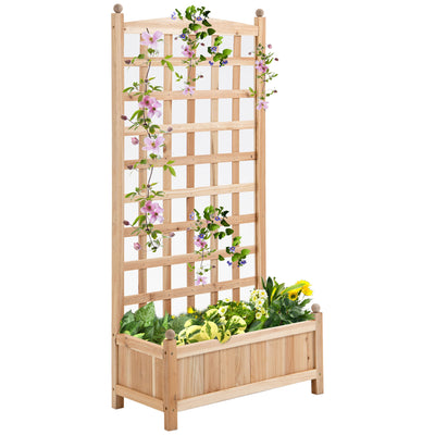Wooden Raised Garden Bed with Trellis, Outdoor Planter Box with Drainage Crevices for Climbing Vine Plants Flowers, 24" x 12" x 49"