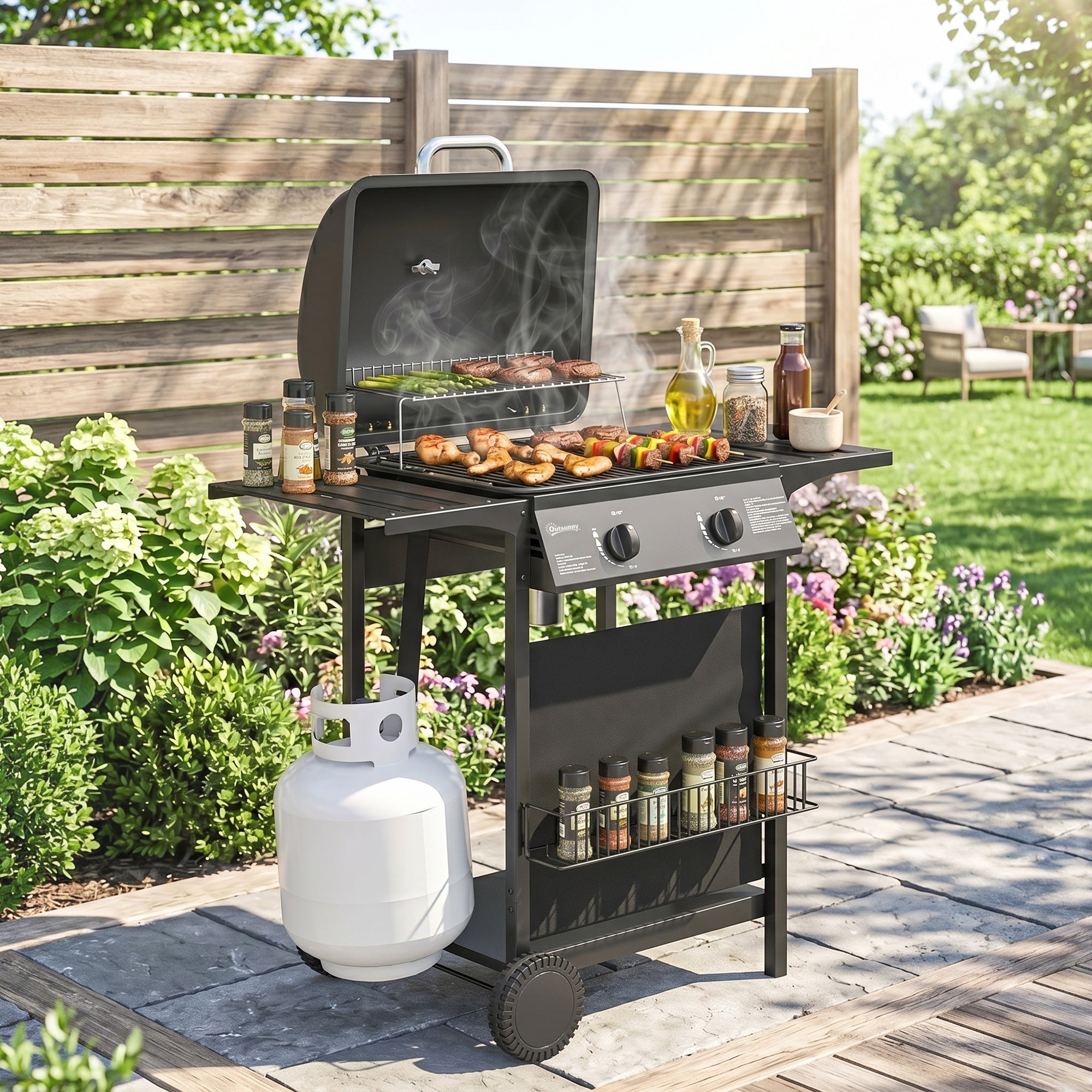 2 Burner Propane Gas Grill, 18000 BTU BBQ Grill with Wheels, Warming Rack, Shelf, Thermometer, Grease Cup, Black
