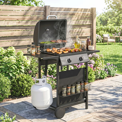 2 Burner Propane Gas Grill, 18000 BTU BBQ Grill with Wheels, Warming Rack, Shelf, Thermometer, Grease Cup, Black
