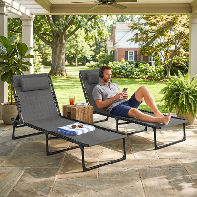 2 Folding Chaise Lounge Pool Chairs with 4-Position Reclining Back, Pillow, Breathable Mesh & Bungee Seat