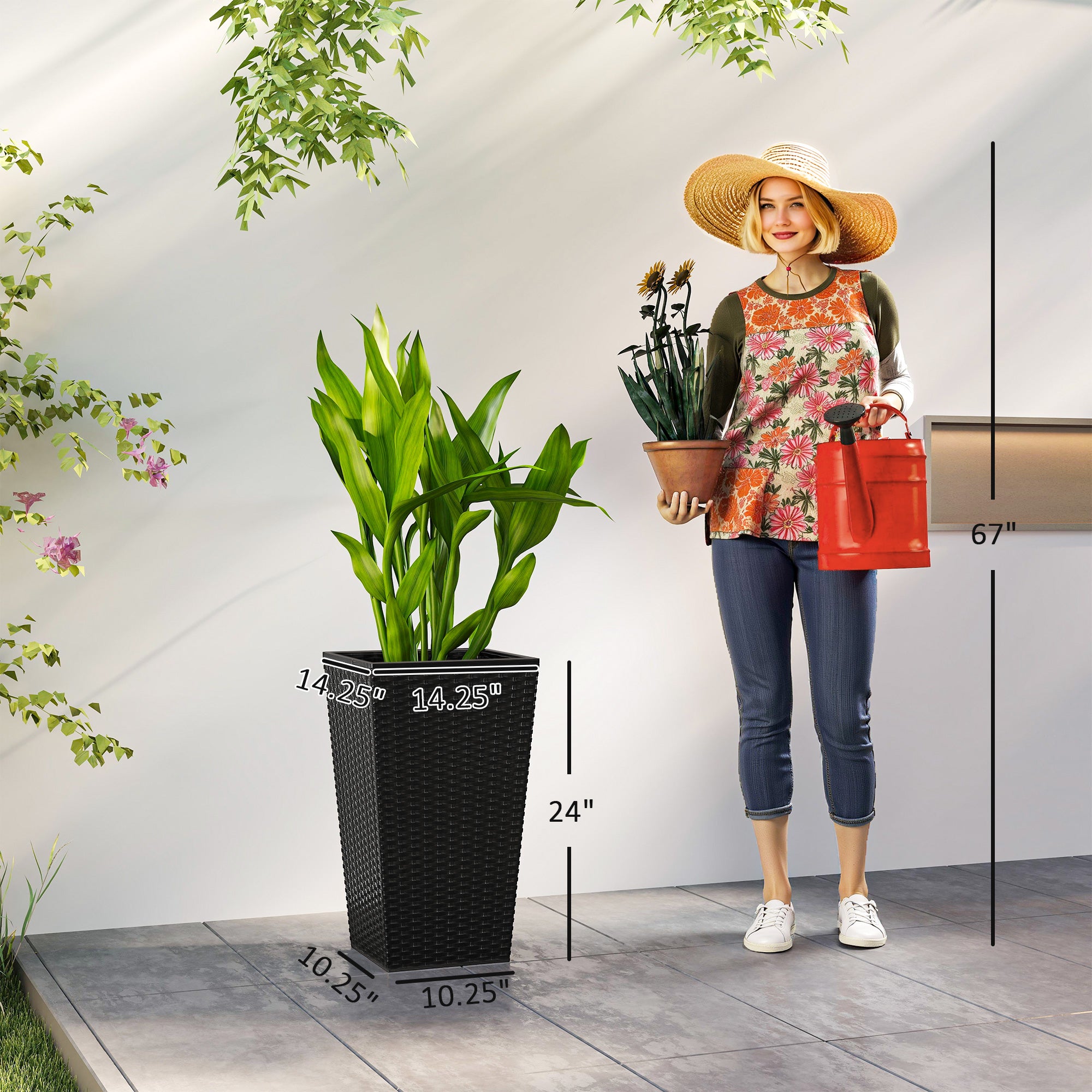 Tall Planters for Outdoor Plants Set of 3, 24 In Taper Planters with Drainage Holes, Rattan Decor Plant Pots for Indoor Outdoor Front Porch Patio Backyard, Black