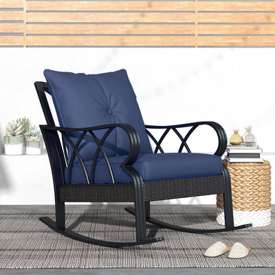 Outdoor Wicker Rocking Chair with Padded Cushions, Aluminum Furniture, Rattan Porch Rocker Chair w/ Armrest, Navy Blue