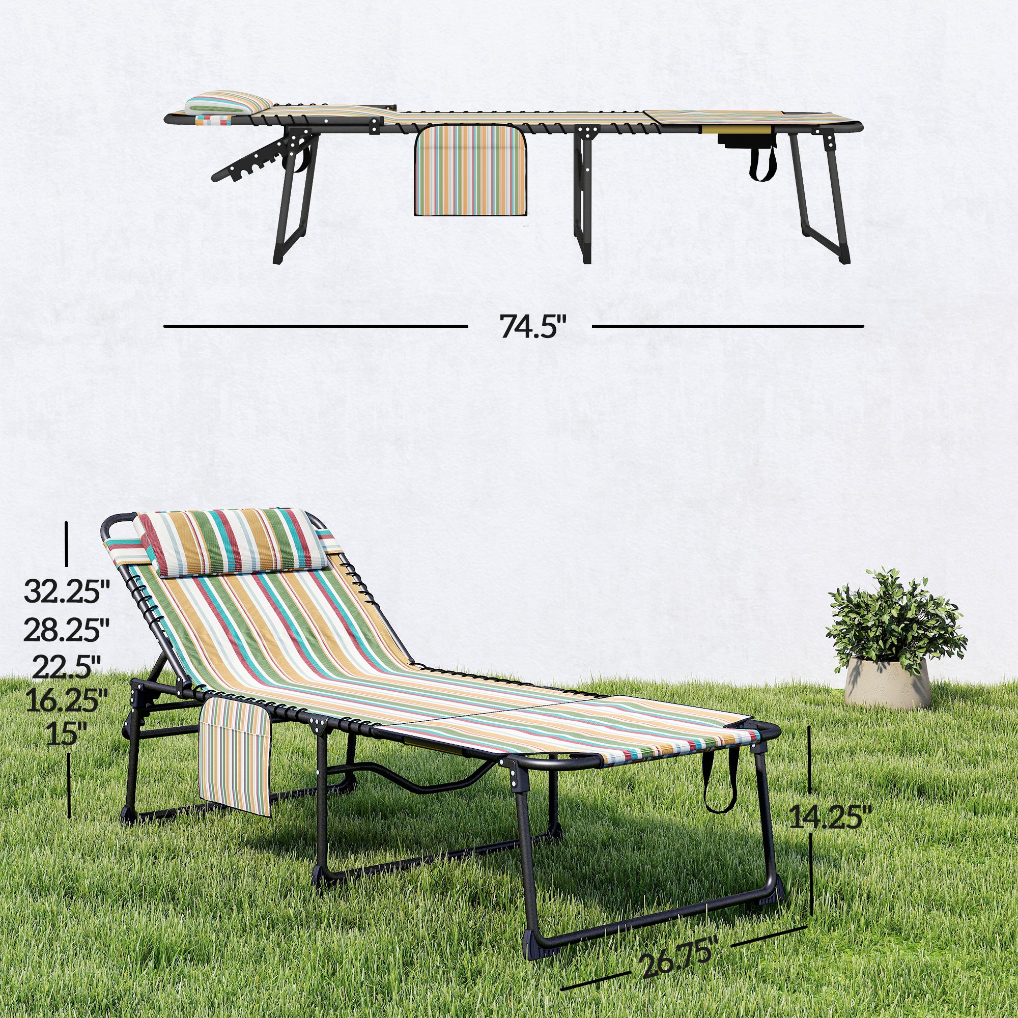 2 Piece Folding Chaise Lounge Pool Chairs with 5-level Reclining Back, Reading Hole, Side Pocket